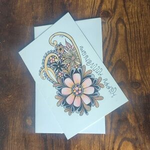 🌻5/$20 Handmade Happy Anniversary Floral Zentangle Card- Orange,Black & Pink